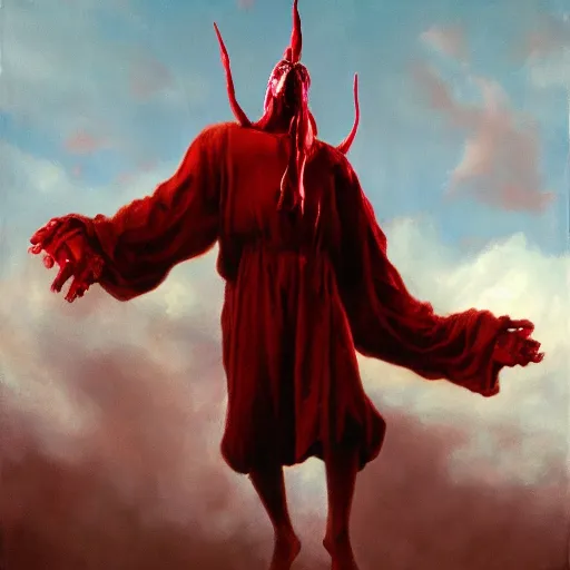 Image similar to realistic painting of a huge bloody satanic figure flying in the sky by michael whelan, ultra realistic, 8 k, streched and creepy painting. trending on, octane renderer, mesmerizing, aesthetic, beautiful