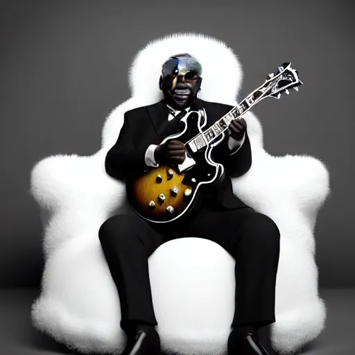 Prompt: b. b king, sitting in a fluffy chair, with very highly detailed face, playing an very highly detailed electric semi - hollow guitar. photorealistic octane render, unreal engine 5, trending on artstation, 4 k, 8 k, uhd, beautiful, dramatic by steve mccurry