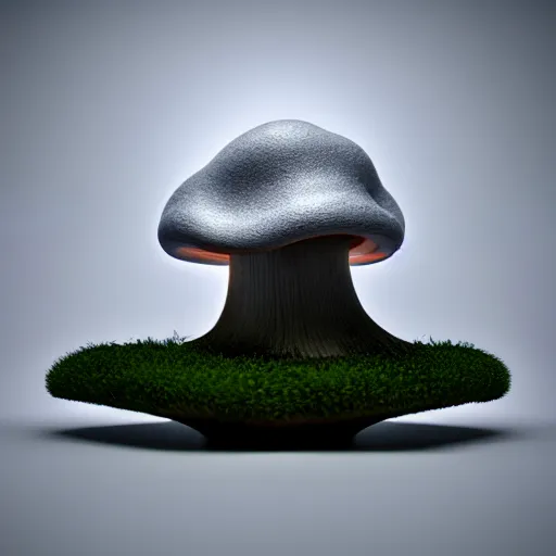 Image similar to : abstract sculpture in mushroom feild cinematic lighting, hyper - realistic, detailed, render by c 4 d octane, unreal engine, 8 k 3 d render