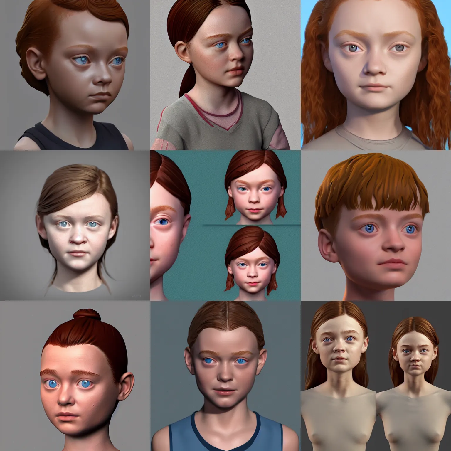 Prompt: 3 d sculpt portrait made in zbrush from sadie sink. highly detailed, studio light, studio background