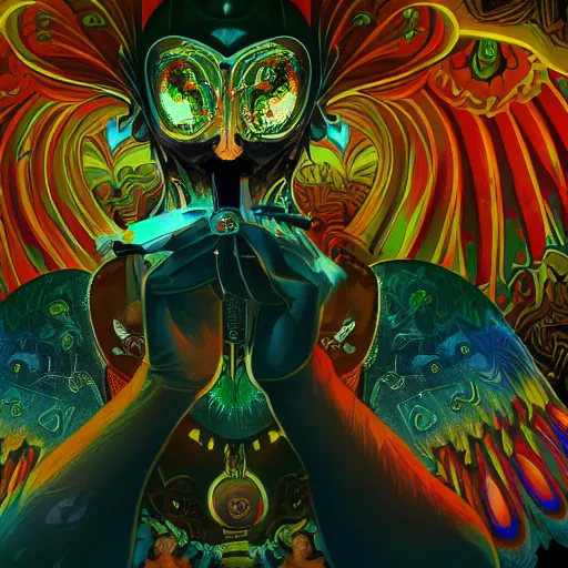 Image similar to 8K centered headshot Portrait of a psychedelic godlike mothman posing with a cigar with giant mandala wings smoking a hand-rolled cigarette smoking heavily , magic mushroom village in background , post-processing , award winning. superb resolution. in the art style of Satoshi Kon and Greg Rutkowski . Detailed Mushroom city in background. Hyper realistic anime. Perfect art. Dalle2