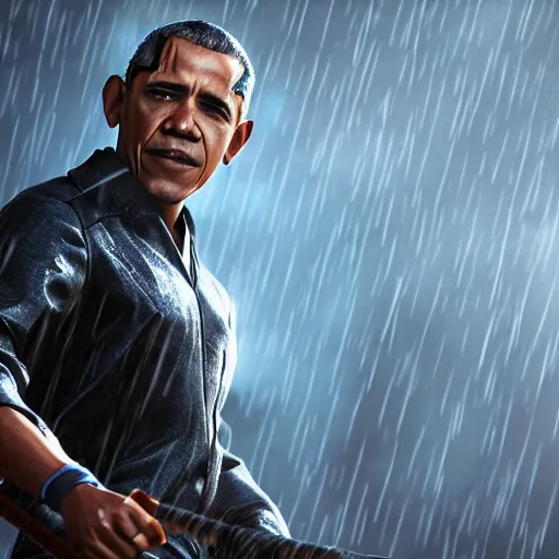 Image similar to Obama with a katana in rain ready to battle, 4k, 40nm lens, masterpiece, hyperrealistic, extreme details, unreal engine 5, cinematic,