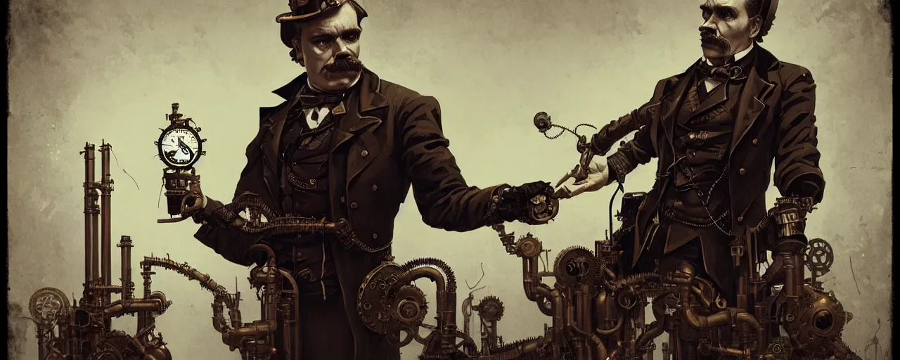 Image similar to duotone dark concept illustration 3 / 4 portrait of friedrich nietzsche as steampunk cyborg with dynamite in his hand. highly detailed mechanism cinematic lighting. fibonacci golden ratio accidental renaissance. by sachin teng and sergey kolesov and ruan jia and heng z. graffiti art, scifi, fantasy, hyper detailed. octane render. concept art. trending on artstation