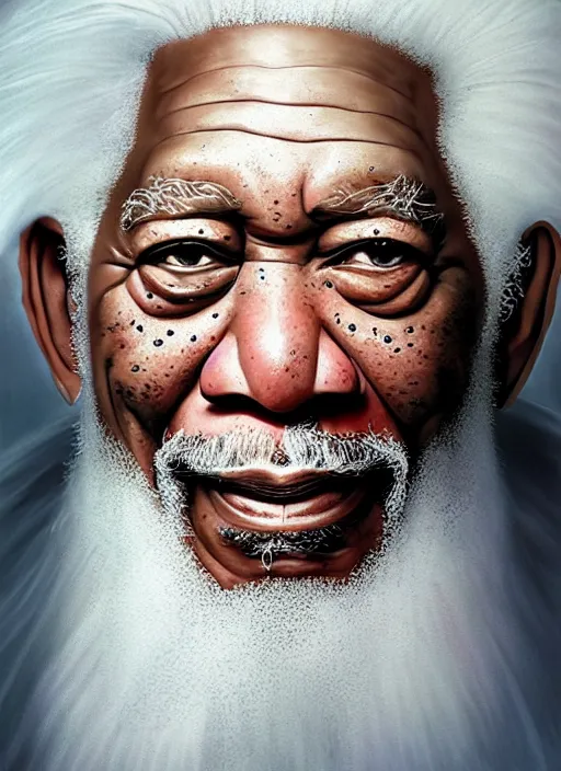 Prompt: portrait of morgan freeman as evil saurman the white, long white hair and white beard, long white robes, by alan lee, lord of the rings, smooth, oil painting, matte painting, concept art, trending on artstation, promotional artwork, film still, elegant, photorealistic facial features, intricate, detailed face, cinematic lighting