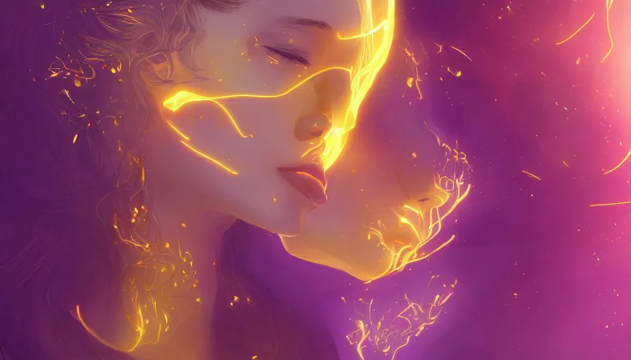 Prompt: a golden woman, eyes closed, glowing lavender aura, head expanding into pieces, laser beaming from the sky into the top of her head, half body, in space, concept art, artstation