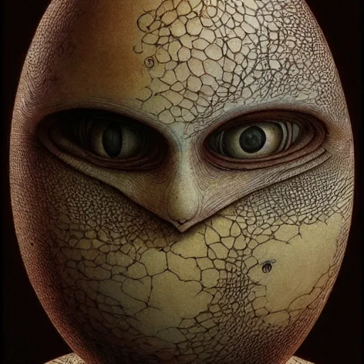 Image similar to humpty dumpty in form of egg, detailed pattern on skin, front view by luis royo and wayne barlowe, beksinski