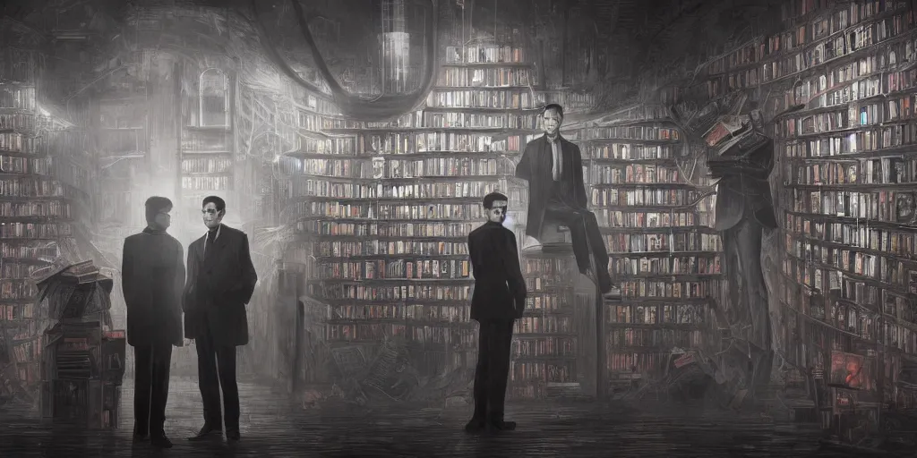 Image similar to cinematic shot of the portrait of an jorge luis borges and an old franz kafka as owners of a bookstore full of books, dystopian future, neon lights, sci - fi, night lights, haze, concept art, intricate, in the style of katsuhiro otomo, akira, unreal engine