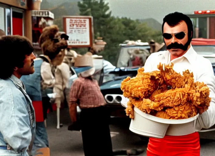 Image similar to film still of burt reynolds holding a bucket of fried chicken in cannonball run 1 9 8 2