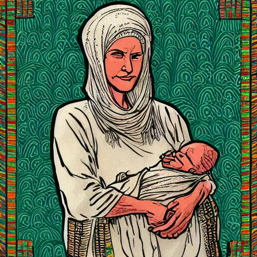 Prompt: hyper detailed comic illustration of 80 year old sentimental Mediterranean skinned woman in ancient Canaanite clothing holding a newborn baby, by Eng Kilian, intricate details, vibrant, solid background