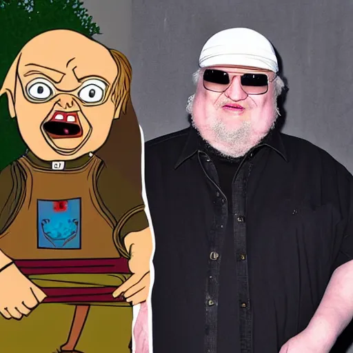 Prompt: george rr martin in a cartoon with screaming chucky doll