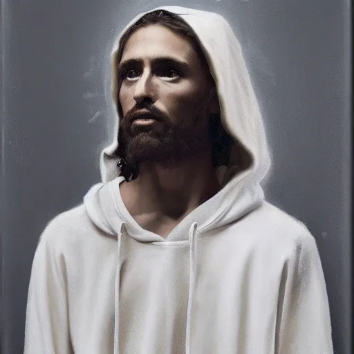 Image similar to a full body portrait of modern day jesus wearing cream fear of god menswear collection by nicola samori, hat and hoodie, detailed, oil painting, hyper realistic, 8 k, yeezy collection