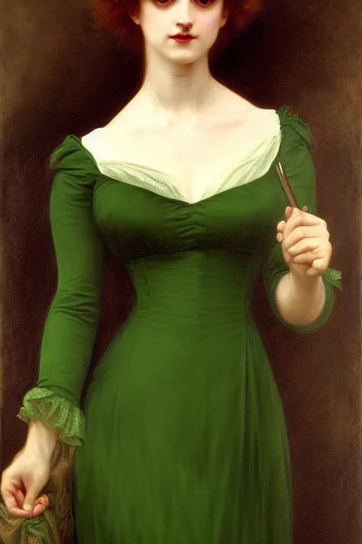 Image similar to victorian vampire in green dress, painting by rossetti bouguereau, detailed art, artstation