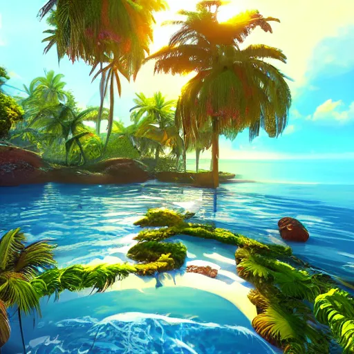 Image similar to tropical paradise, artstation.