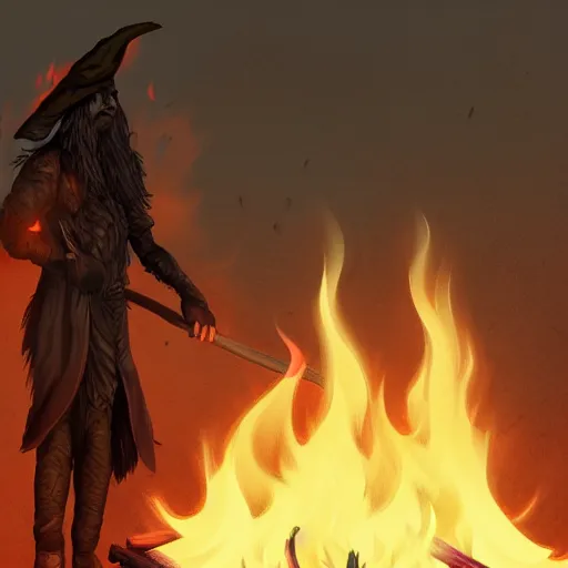 Image similar to male witch stands on a fire burning pyre, surrounded by flames, artstation