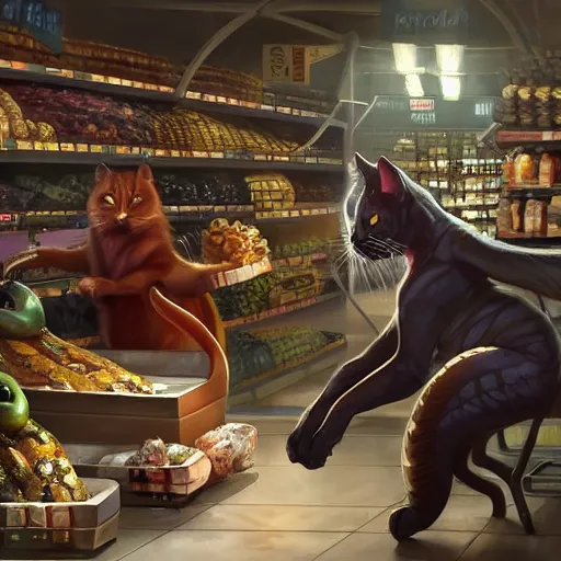 Image similar to digital painting of a super market grocery shopping elegant but deadly anthropomorphic cats with snake featured hybrid, by Greg Rutkowski, magic the gathering concept art, trending on artstation, 4k resolution, ((in a super market Costco))