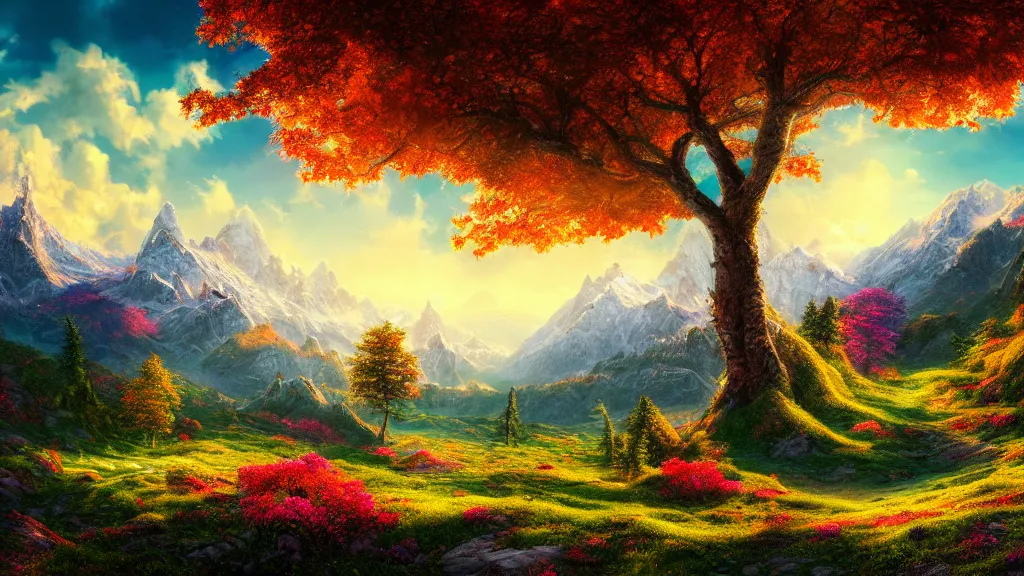 Image similar to a photorealistic portrait, stunningly beautiful colorful fantasy landscape, professionally retouched, soft lighting, hyper realistic, mountains, trees, beautifully detailed sky, wide angle, sharp focus, 8 k high definition, 6 4 megapixels, insanely detailed, stunningly beautiful