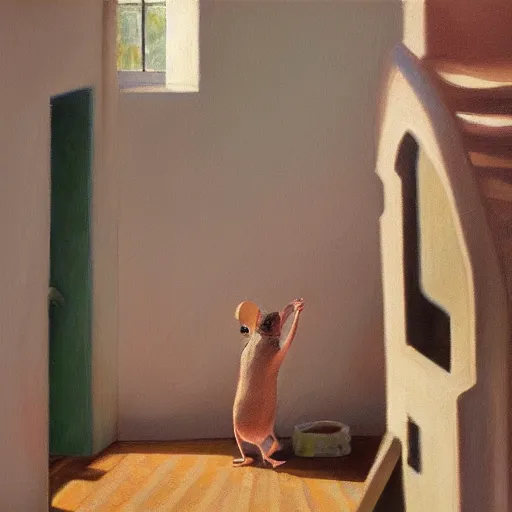 Image similar to A detailed shot of the interior of a mouse house in the wall, wide shot, hyperealism, oil painting