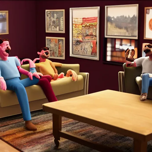 Image similar to photorealistic claymation, two guys sitting on a couch, messy table, watching tv, 3D, highly detailed,