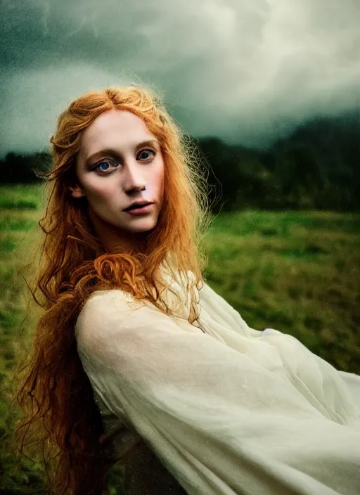 Prompt: cinestill 5 0 d photo of a pre - raphaelite blond beautiful woman, dreamy mood, fine art photography in style of gilles zimmermann, 1 5 0 mm, f 1. 2, emotionally evoking, head in focus, stormy rainy clouds outdoor, matt colour background, volumetric lighting, hyper realistic, ultra detailed