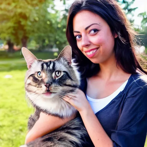 Image similar to a girl that slightly looks like aubrey plaza, with long dark hair holding a cat in her arms, a stock photo by juan villafuerte, pexels contest winner, high quality photo, rtx, hd, shiny eyes, rasquache