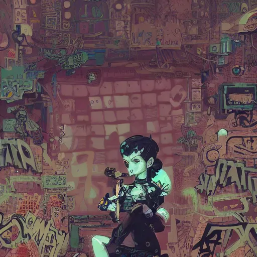 Prompt: highly detailed portrait of a, cyberpunk, nft arts, pixelated art, bravely default inspired, graffiti wall background, by joe fenton, by greg rutkowski, by greg tocchini, by kaws, by kate beaton, by kaethe butcher, 4 k resolution