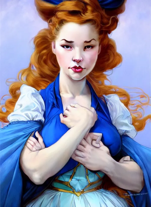 Image similar to concept art by artgerm, portrait of pinup giant disney alice in wonderland in blue dress, soft natural light, intricate, elegant, highly detailed, my rendition, digital painting, artstation, concept art, smooth, sharp focus, illustration, art by greg rutkowski and alphonse mucha and uang guangjian and gil elvgren, symmetry!!