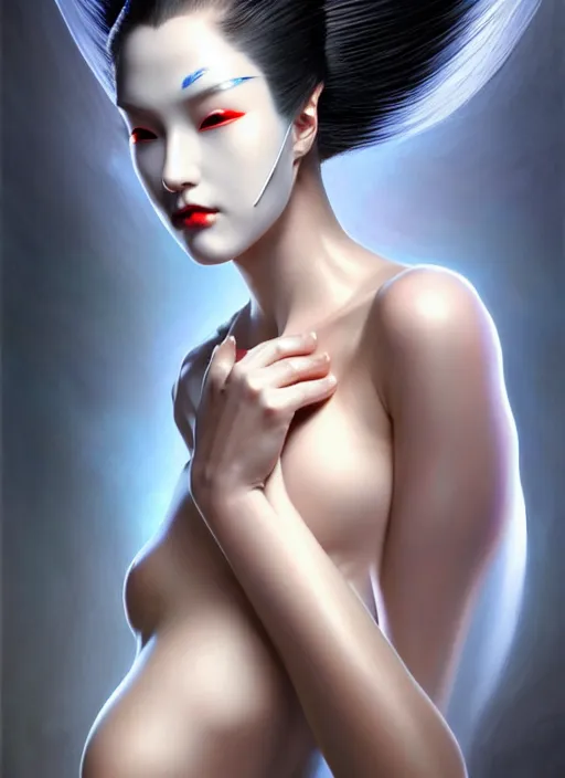 Image similar to organic seductive Geisha cyborg, pearlescent skin, diffuse lighting, fantasy, intricate, elegant, highly detailed, lifelike, photorealistic, digital painting, artstation, illustration, concept art, different full body view, smooth, sharp focus, art by John Collier and Albert Aublet and Leonardo da vinci and Krenz Cushart and Artem Demura and Alphonse Mucha