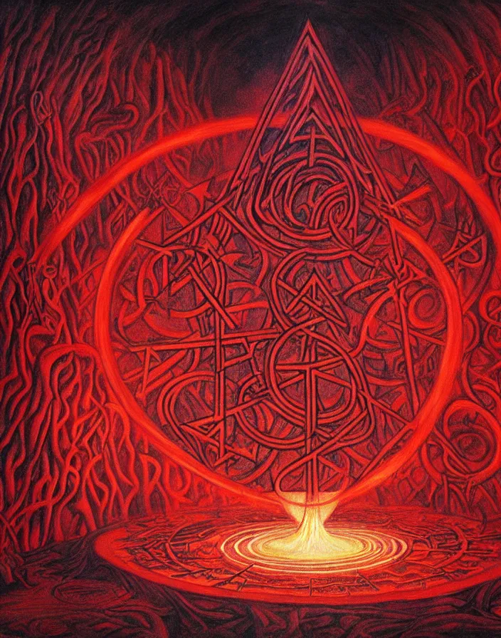Prompt: beautiful painting of a summoning circle spell with runes in a dark cave, tarot, complex environment, by johfra bosschart, fractals, red liquid glowing metal veins, details