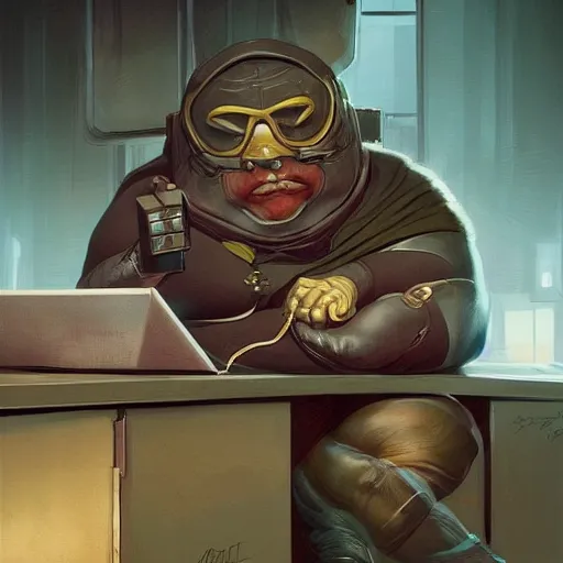 Image similar to a insanely detailed painting of a fat masked superhero wearing a costume sitting at a desk, staring at the nervously at the computer typing, in the style of peter mohrbacher, dramatic lighting and composition, trending on artstation, concept art, comic book