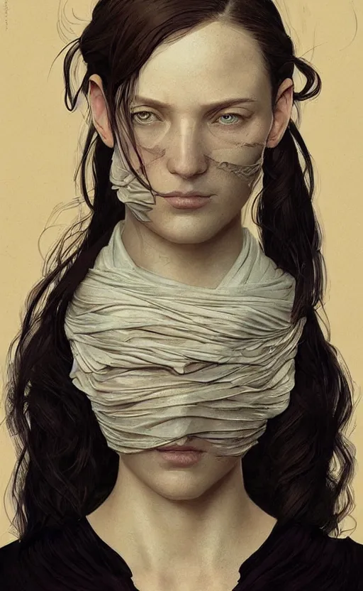 Image similar to portrait of a dystopian woman wearing an outfit inspired by the handmaid ’ s tale ( 2 0 1 7 ), intricate, headshot, highly detailed, digital painting, artstation, concept art, sharp focus, cinematic lighting, digital painting, art by artgerm and greg rutkowski, alphonse mucha, cgsociety