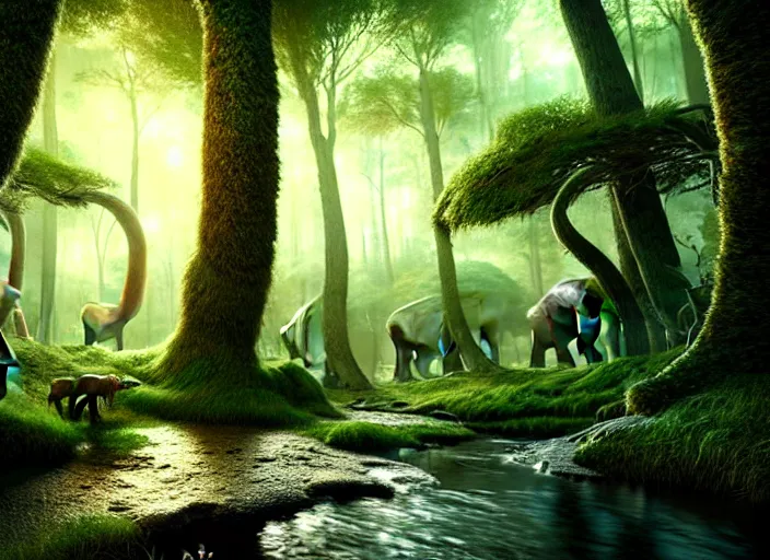 Image similar to hyperrealism, detailed textures, photorealistic 3 d render, a surreal mystical forest with a bright winding creek with a herd of wooly mammoths grazing, ultra realistic cinematic, intricate, cinematic light, concept art, illustration, art station, unreal engine