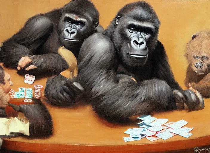 Image similar to a highly detailed beautiful portrait of a gorilla playing poker with a bear, by gregory manchess, james gurney, james jean