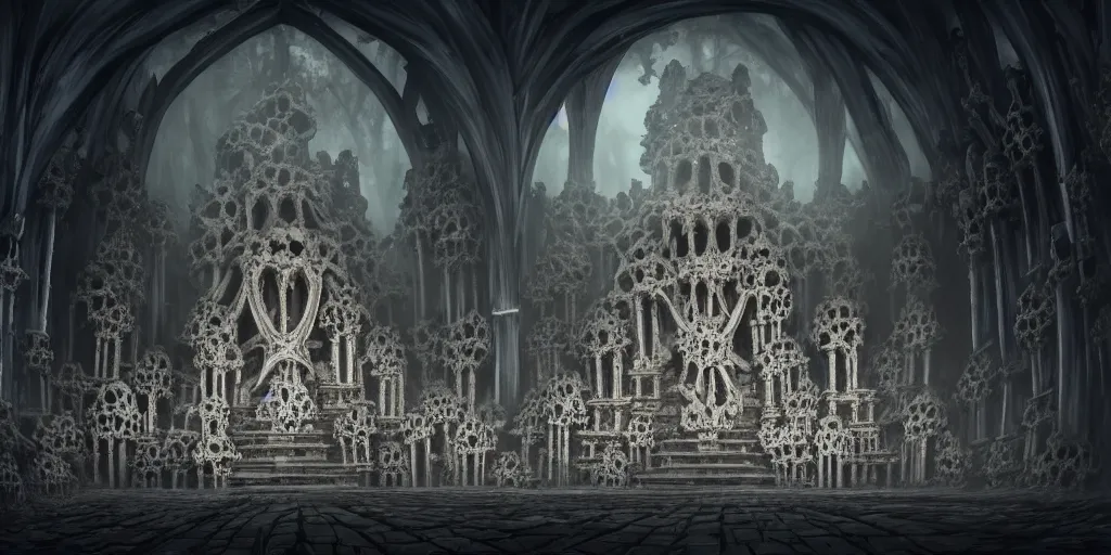 Image similar to low ultrawide interior shot of sedlec ossuary, covered in bones, smooth concept art in anime style mixed with full color fujifilm, dark, foggy, misty, atmospheric, trending on artstation, cgsociety, oil on canvas, denoise, cinematic masterpiece