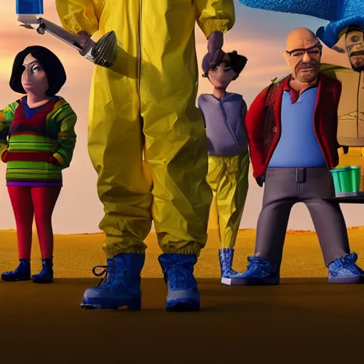 Image similar to cast of breaking bad in a pixar 3 d movie, 4 k