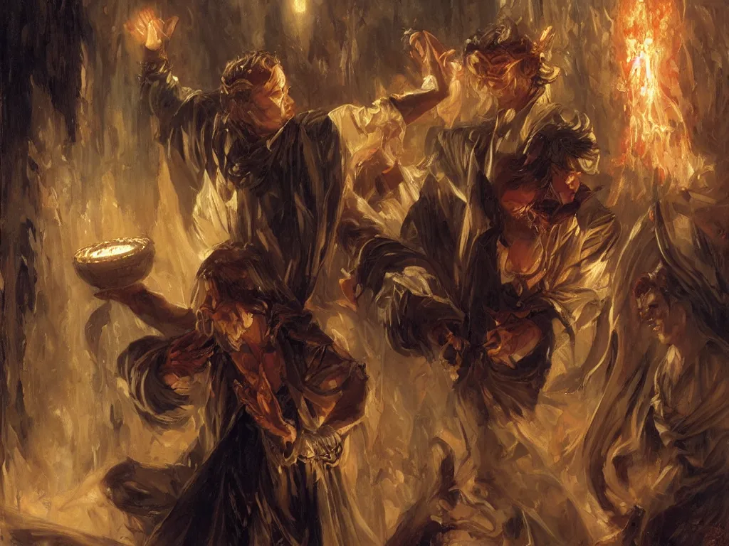 Image similar to attractive magician casts dark spell, summoning attractive lucifer morningstar. highly detailed painting by gaston bussiere, craig mullins, j. c. leyendecker 8 k