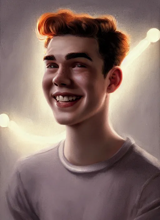 Image similar to portrait of teenage archie andrews, freckles, curly middle part haircut, curly hair, smiling kindly, friendly, 1 9 5 0 s, intricate, elegant, glowing lights, highly detailed, digital painting, artstation, concept art, smooth, sharp focus, illustration, art by wlop, mars ravelo and greg rutkowski