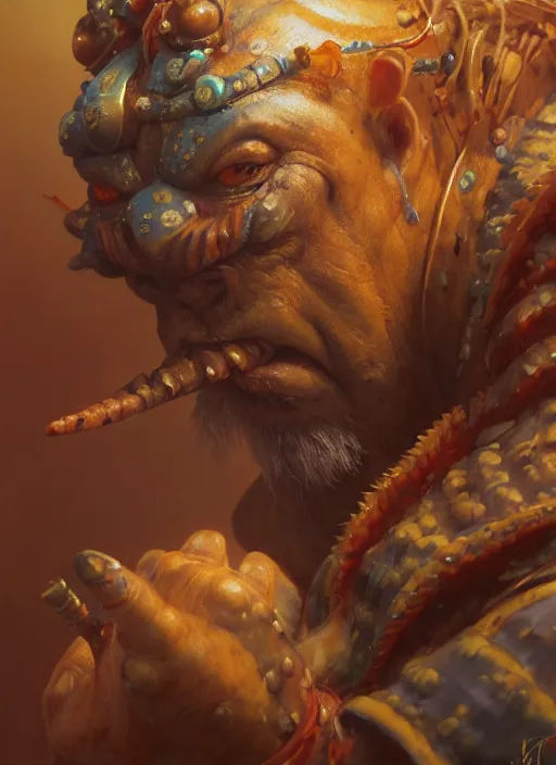 Prompt: subsurface scattering, koi, shaman with face armor, by jesper ejsing, justin gerard, tomasz alen kopera, cgsociety and fenghua zhong, highly detailed, rim light, cinematic lighting, illustration, art, octane render, very coherent, cinematic, hyper realism, high detail, octane render, 8 k