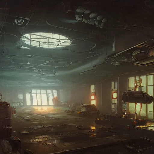 Prompt: detailed painting of a retroscifi interior in 1 9 4 0, volumetrics lights, beam of bright lights through the fog, simon stalenhag, andreas achenbach