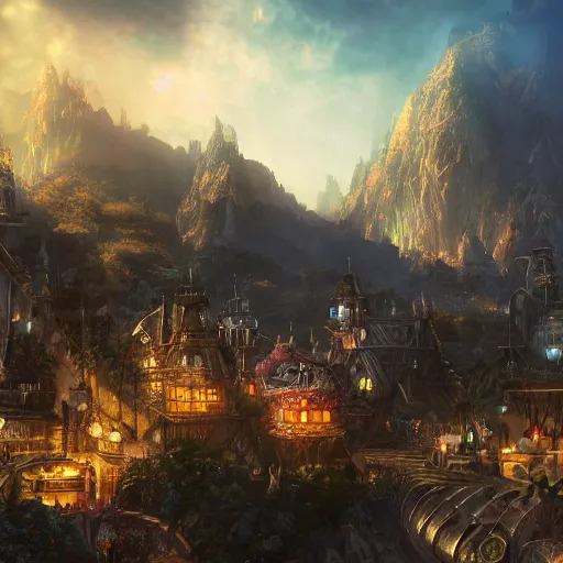 Prompt: a fantasy steampunk city over the mountains, electricity lighting, dramatic lighting, furry, soft, concept art, sharp focus, intricate details, highly detailed, photorealistic, disney pixar, octane render, iridescent, anime, big field of view, 8 k