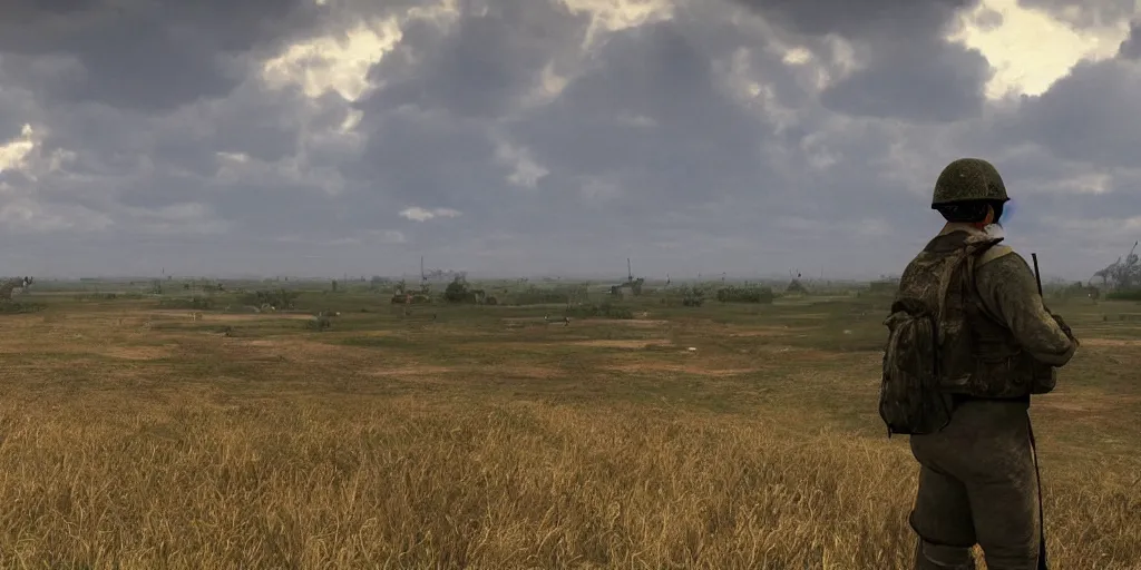 Prompt: a man looking down on the battlefield, very sad, ultra-realistic