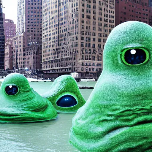 Prompt: huge slime monsters with one eye attacks new york