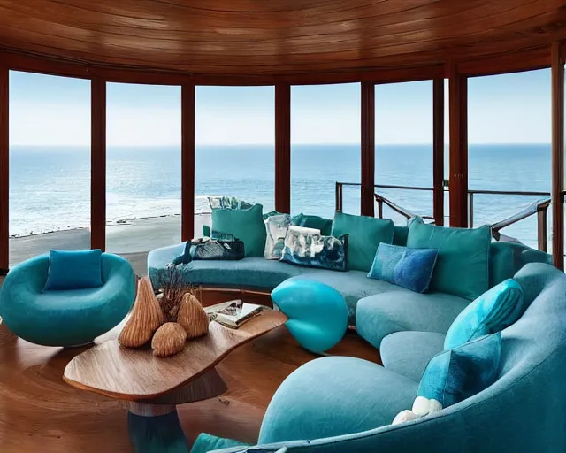 Image similar to A modern living room in a ocean hues style next to a big terrace overlooking the ocean, a luxurious wooden coffee table with large seashells on top in the center, amazing detail, 8k resolution, inspired by the ocean, calm, relaxed style, harmony, wide angle shot