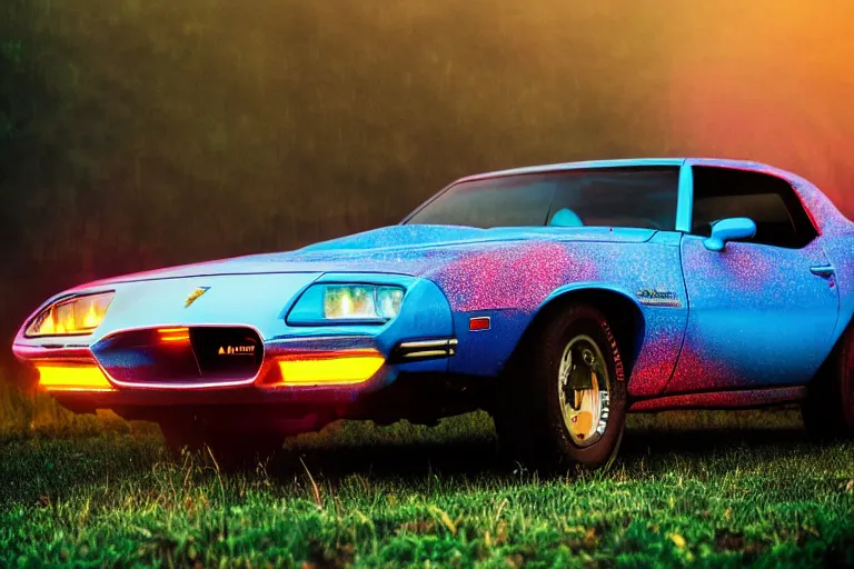 Image similar to pontiac firebird with glowing paint, sunrise, eerie light, fireflies, dramatic, cinematic, forest, sunbeams, volumetric lighting, wide shot, low angle, lightning hitting the car