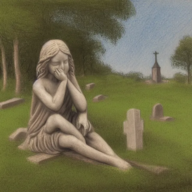 Image similar to statue of a crying angel sitting by a grave, graveyard with a church in a forest meadow landscape, pastel drawing