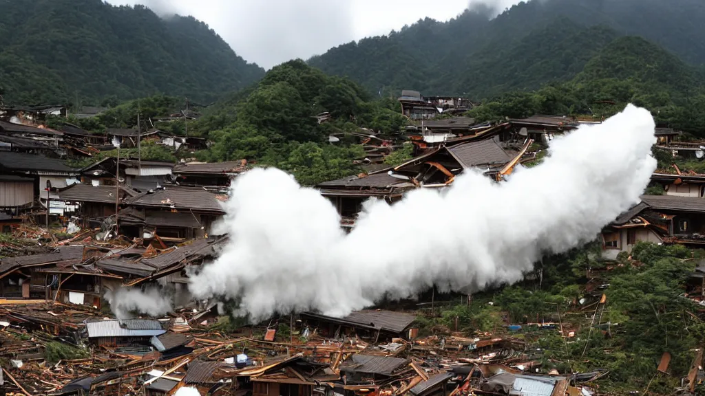 Prompt: tornado in a japanese village in the mountains