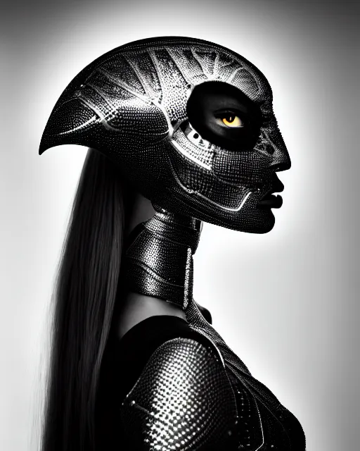 Image similar to a profile portrait, a stunning young woman - cyborg with a mutant crow head, editorial photography, bw, shot on 7 0 mm, depth of field, f / 2. 8, high contrast, 1 6 k, volumetric lighting, shiny, insanely detailed and intricate, hypermaximalist, elegant, ornate, hyper realistic, super detailed