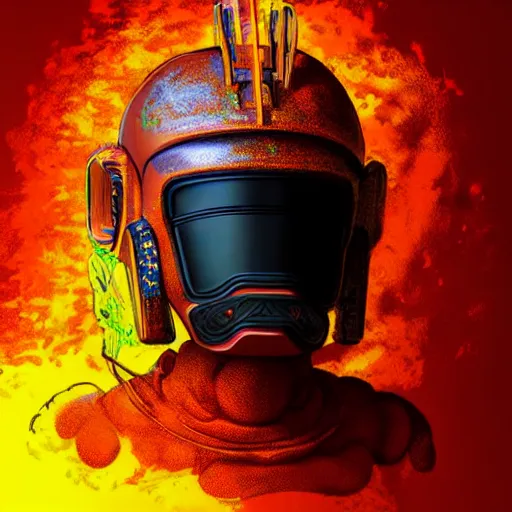 Prompt: helmet lion cyberpunk made of yellow lava and fire in angga tantama style, profile portrait, digital illustration, vector art, drawing, mecha, epic size, epic scale, macro art