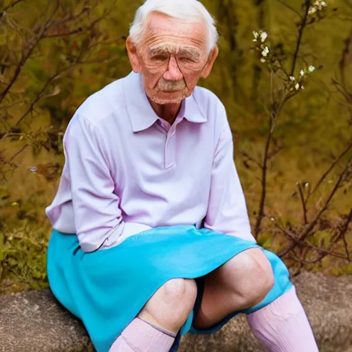 Image similar to old man wearing pastel stockings and skirt, gender non - conforming, elderly feminine man