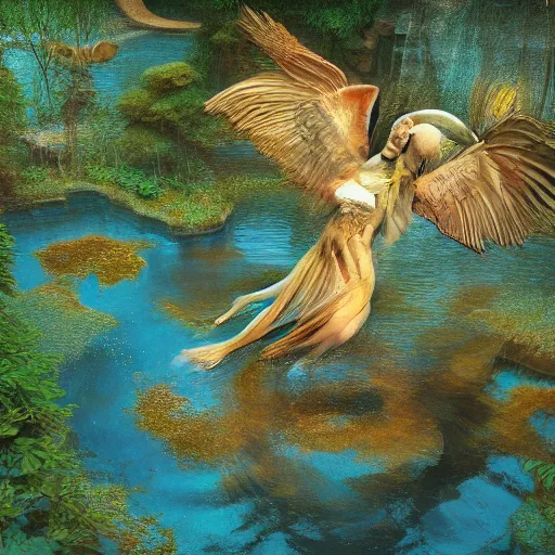 Image similar to beautiful symmetrical an old silent pond angels jump into the pond splash! silence again, surrounded by machine axonometric fantasy intricate elegant highly detailed in volumetric void of latent space lush flowers surround, realm of the gods golden turquoise steampunk, high contrast cinematic light, mystical shadows, octane render, photographic, concept art, art high renaissance art, unreal engine 8 k