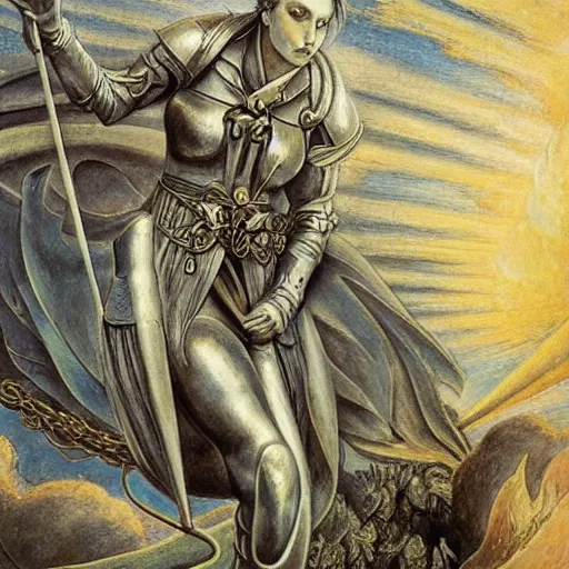 Image similar to jeanne d'arc in the style of william blake, terese nielsen, detailed, intricate, beautiful faces, steve argyle, triumphant fate, pastoral fantastic reality, photorealistic